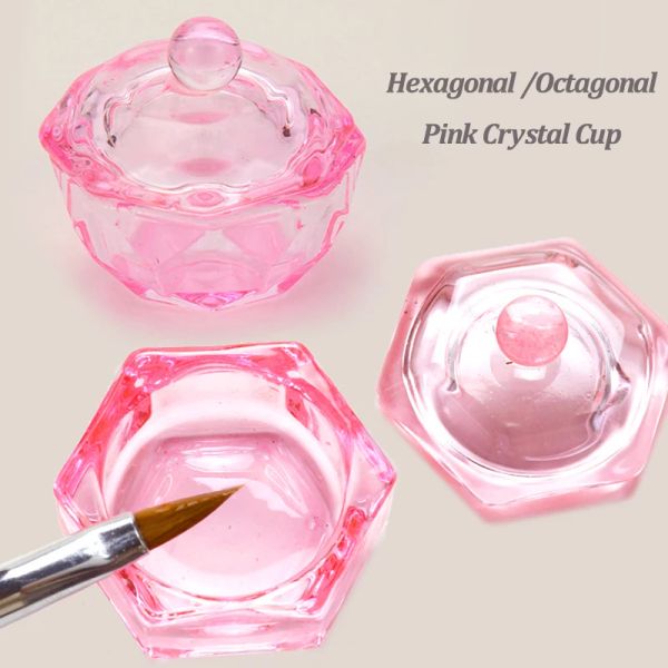Розовый восьмиугольный/шестиугольная христаллическая чашка Акриловая порошок и жидкий даппин Стеклянный стеклянный гель -контейнеры для ногтей.