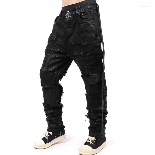 Herren Jeans Nischendesigner -Style Wachs beschichtetes Distressed Black zerrissener Casual Hosenhosen