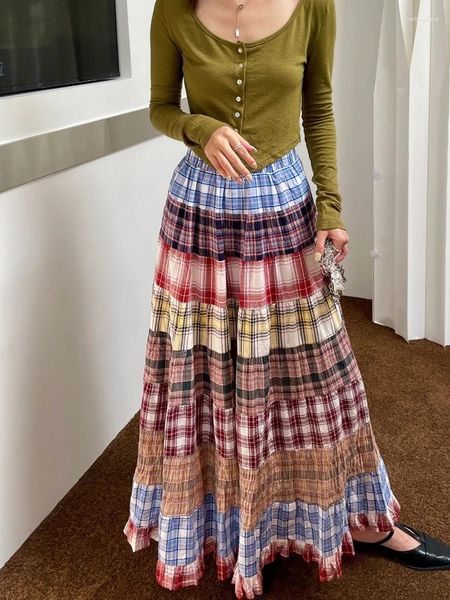 SKIRTS INGLATERIA BOHO Plaid Patchwork Y2K Saia 2024 Verão Vintage Nicho High Woman Long Woman Praia Faixa coreana Faldas