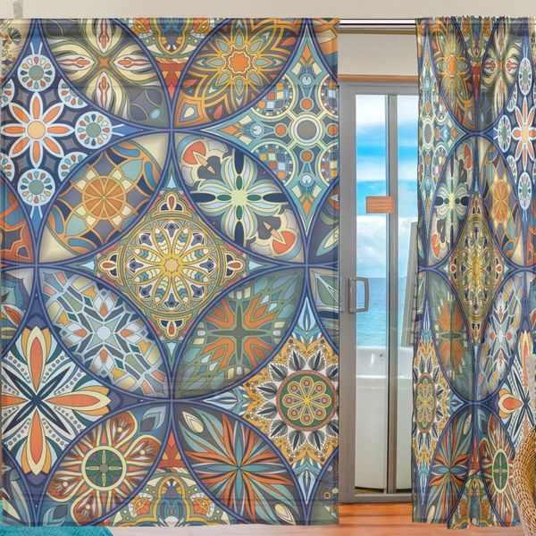 Buntes Mandala bohemianischer Vorhang für Wohnzimmer 2 Tafeln Blumenfenster Tüll Vorhang Langes Voile Schlafzimmer Dekor Vorhang