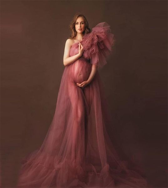 Vestidos de maternidade de tule de um ombro elegantes, veem através de mulheres sexy plus size tule maternidade roupões para a POLAÇÃO 210301662499