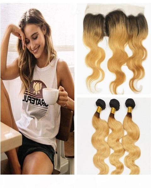 Erdbeerblonde Ombre peruanische menschliche Haarwebe mit Frontalkörperwelle 1B 27 Honigblonde Ombre 3 Bündel mit Spitze Frontal CLO4511095