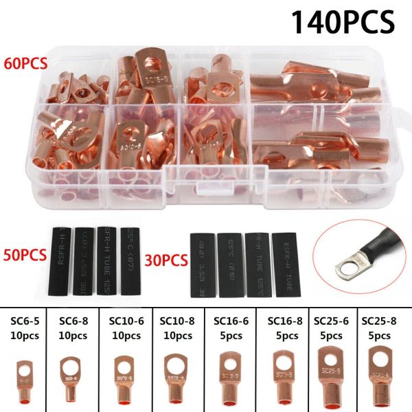 140 peças kit de solda de solda automática Kit de cobre Crimp Terminal Fio de cabo vazio Terminal da bateria com tubo de encolhimento de calor