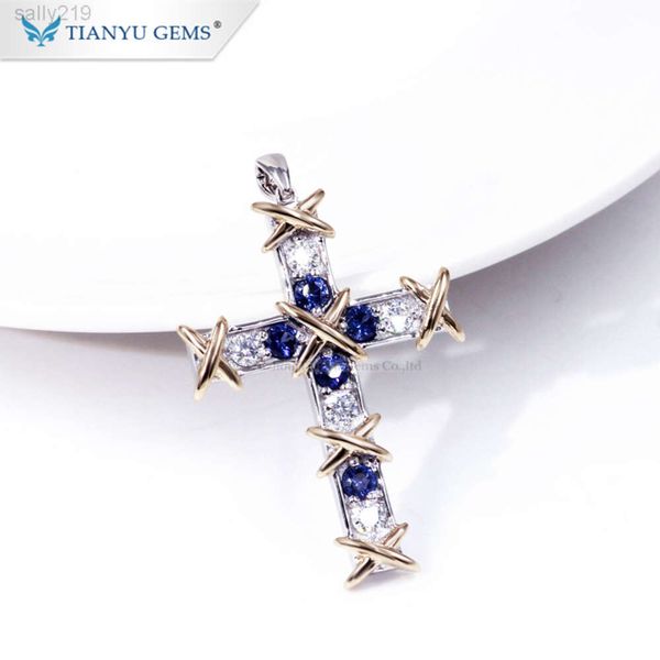 Tianyu Gems 14k 18k Gold Branco e Blue Corundum Gemstone Cross Pingente