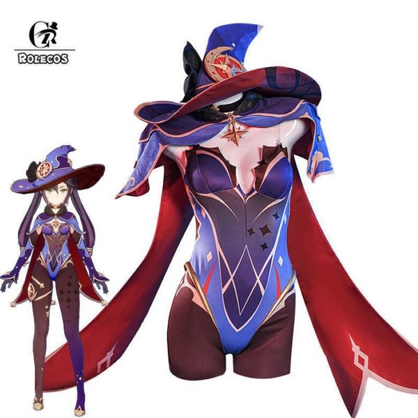 Rolecos Game Genshin Impact MONA Cosplay Fantaspume MONA Cosplay Costume Sexy Mulheres Macacões Halloween Bodysuit Hat Shawl Full Set Y0273W
