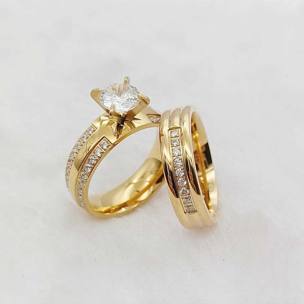 Bandringe 24K Gold plattiert 316L Edelstahlschmuck CZ Diamond Ehering Set Geeignet für Frauen- und Frauen-Verlobungs-Statement Geschenke J240410