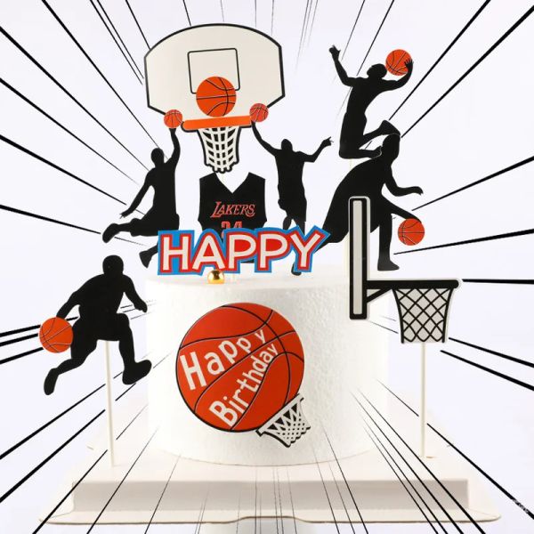 Novo bolo de basquete de 5pcs feliz aniversário bolo de topper conjunto slam dunk sport fãs cupcake topper para meninos de festas de aniversário decorações de bolo