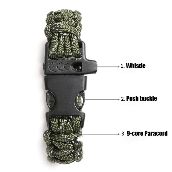 Тактическое выживание светящееся 550 4 мм браслет Paracord Bracelet Outdoor Amergency Gear Sit с SOS -светодиодным спасательным свистком