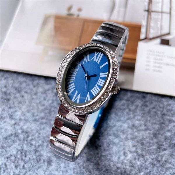 Brand Mashion Watchs Women Girl Crystal Oval Arabics Numerals Style Steel Metal Band Beautiful Orologio da polso C612399