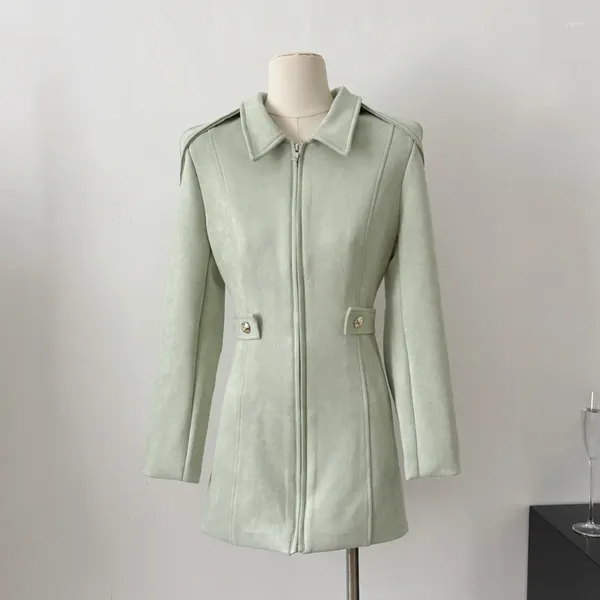 Abiti casual Donne Donne menta in pelle scamosciata in pelle scamosciata Vintage Shirt Collar Slim Motorycle Elegante Mini femmina Autunno Inverno