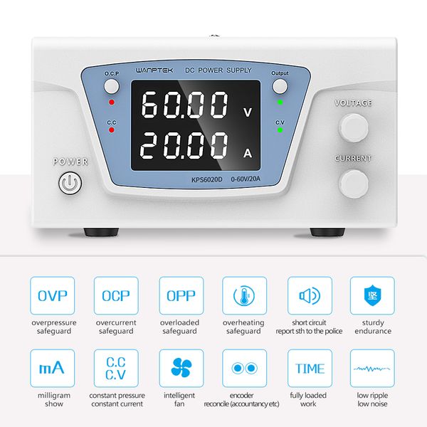 Fonte de alimentação DC ajustável Wanptek 60V 20A Anodizador de metal Parte de Bancada Laboratório Estabilizado Power 30V10A 500W 1000W DIY