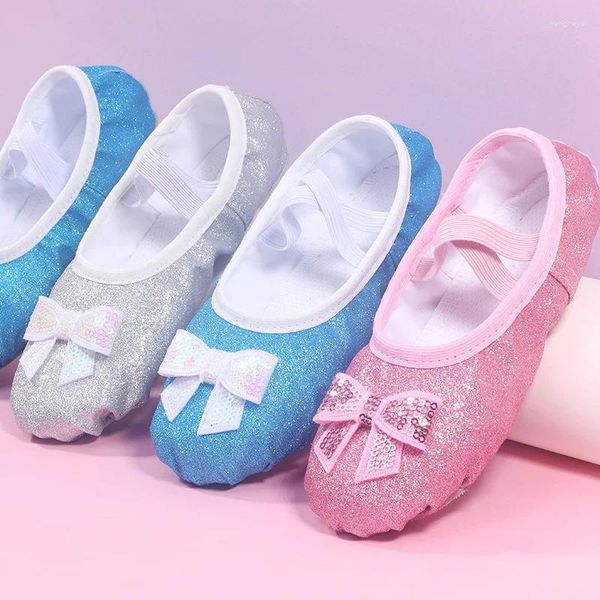 Scarpe da ballo Shiny Pink Blue Bowknot Ballet per ragazze per bambini Geritide scarpa da ballo piatta con paillettes