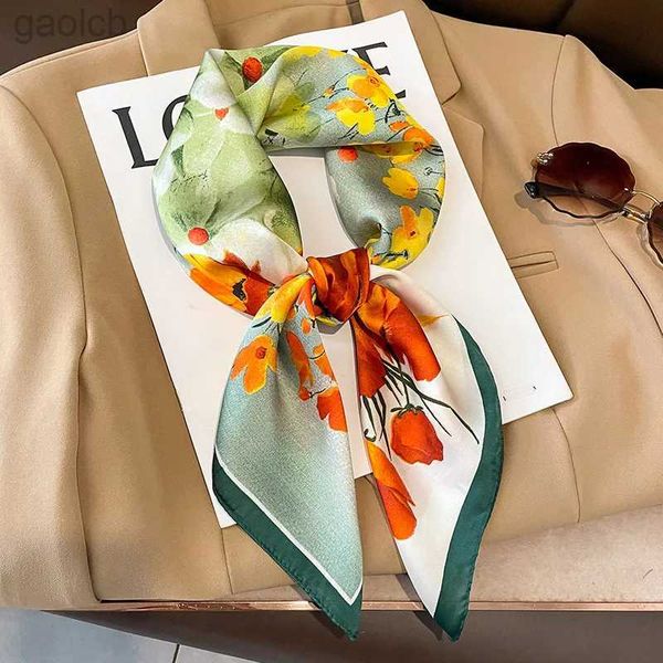 Lenços de lenço de seda 70x70cm Praça de seda para mulheres moda Floral Shawl Wrap Wrap Spring Summer Neckerchife Hair Band Lady Winter Scarves 240410