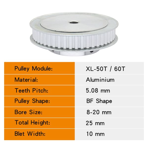 Polia de correia XL-50T/60T Tamanho do furo 8/10/12/14/15/17/20 mm de liga síncrona de dentes de roda síncrona 5.08mm para largura 10mm XL Correia de tempo de tempo