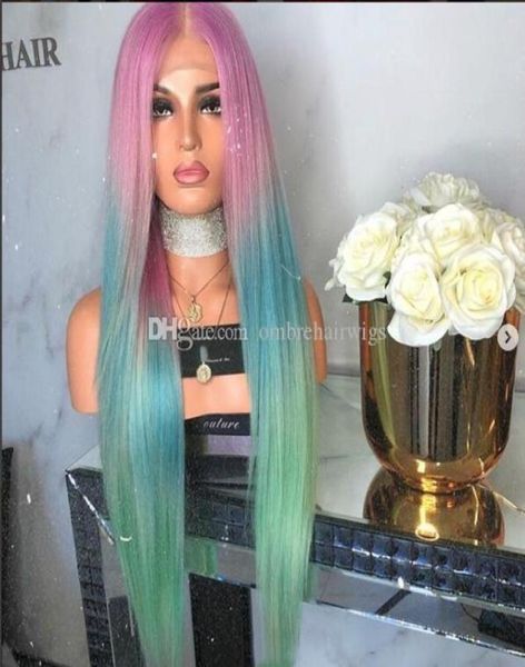 Lunga seta dritta sirena arcobaleno color pizzo parrucca anteriore bellezza pastello rosa viola blu verde colorato anime gamba da cosplay wig7645159
