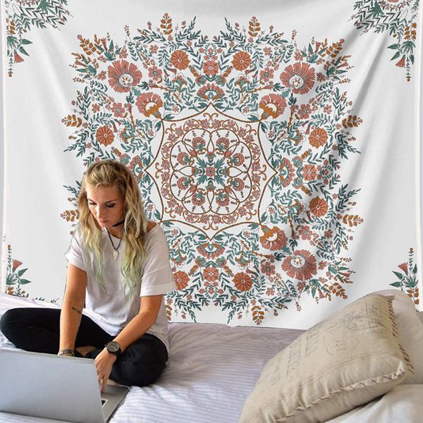 Mandala Flower Tapeçaria Parede de Huspie Hipmian Hippie White Tapeçaria Esboço de Impressão Floral Taquestres Para Decoração de Parede do Quarto de Casa