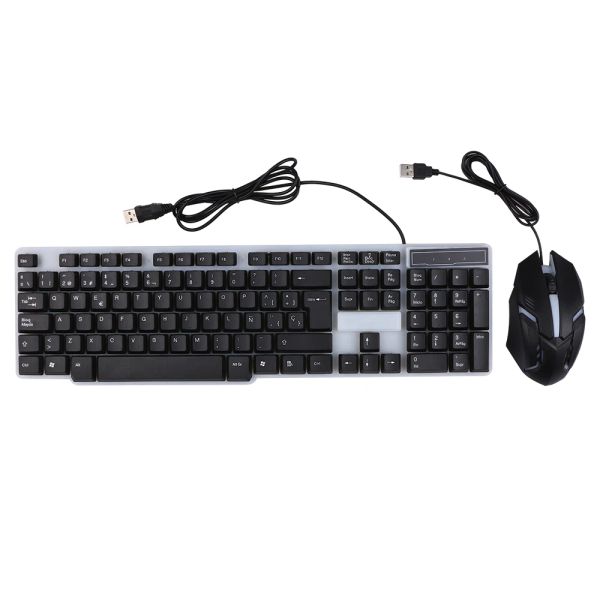 Combos USB Wired Spanish teclado Mouse Combo 105 Chaves Backlight Keyboard Kit ergonômico de mouse com plugue e reprodução suspensos