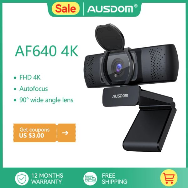 Webcams Ausdom 4K UHD AF640 Autofocus Webcam mit Datenschutzabdeckung 90 ° Business -Webkamera mit Dual -Rausch -Reduktion MICs für Windows/Mac