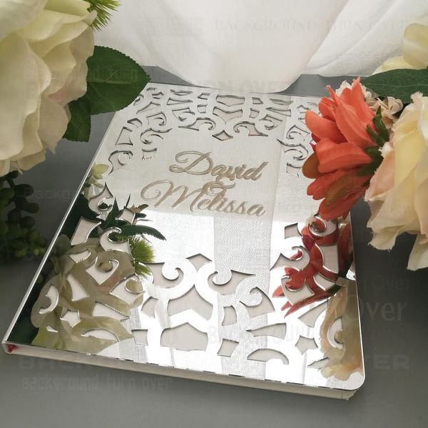 Livro de convidados Casamento Custom Mirror Party White Signature Decor Presentes em branco Nomes favoritos Data Data a laser Corte Royal Retro vintage G004