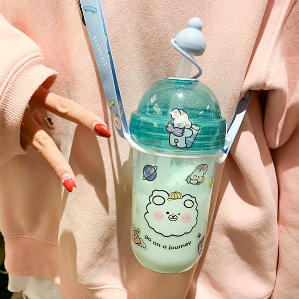 560 ml Kawaii Bubble Tea Wasserflasche mit Strohkappe Süßes Student Student Perlmilch Tee Plastikflasche für Boba Drink Tassen