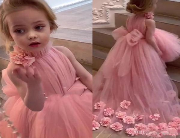 Pink High Low Flower Girls Kleider für Hochzeit und Party High Neck 3D Blumen Big Bow Kleinkind Festzug Kleid Tulle Kinder Promkleider3160616