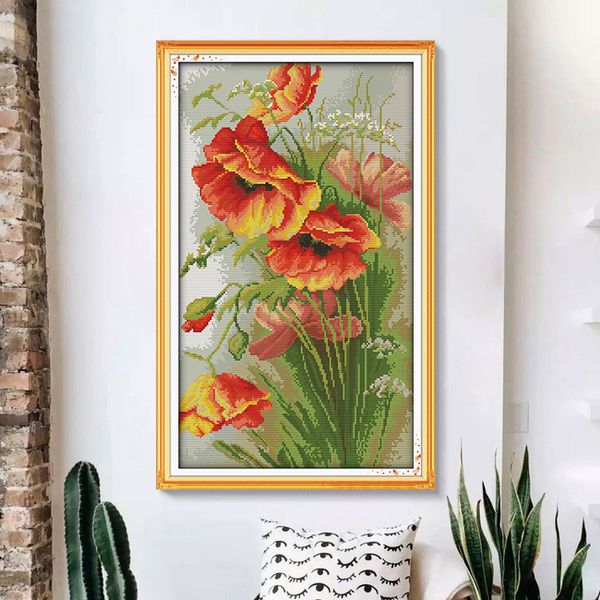 Joy Sunday Counted Cross Stitch Kit de impressão artesanal Diy Bordado lindo Poppy Flowers Series Home Taber Decor Fabric Set