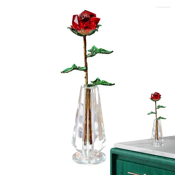 Fiori decorativi Figurina di rosa di cristallo con vaso rosso da collezione da collezione arredamento ornamento per il matrimonio