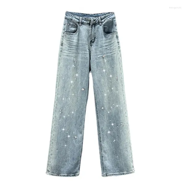Damen Jeans Ins Europäischer Strass-Denim-Denim-Hose für Frauen 2024 Frühlingshoch Taille locker und schlanker Mopp