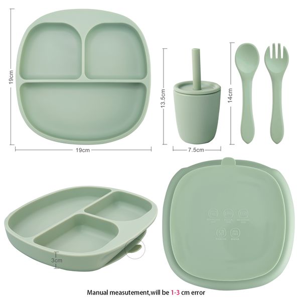 1 Set neuer Design Baby Dinge BPA kostenlos Falttabelle Geschirrteller Teller nicht rutschfütterndes Fütterungsschale Feste Farbe Spork Straw Tasse