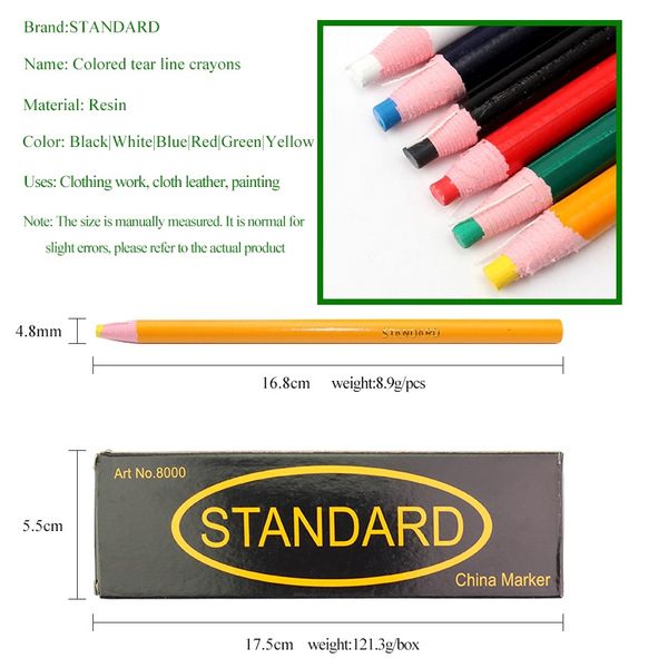 Pennello per cucitura su misura per cucitura senza taglio standard per abiti, indumento, strumenti di gesso di cucitura in tessuto, 6 colori, 1 pezzi