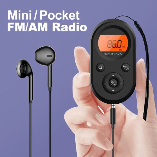 Rádio Mini FM/AM Radio Portable Pocket 9K/10K Receiver de rádio com LCD Display Backlight LaNyard Design 76108MHz Recarregável