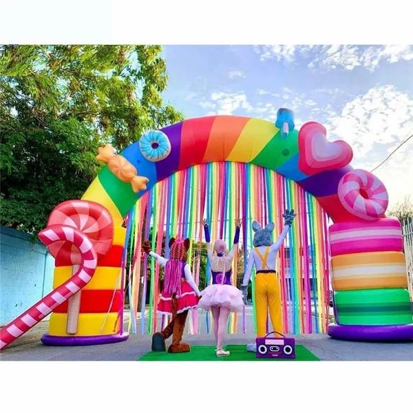 7m Wide atraente Rainbow Children Theme Bckdrop Arch Candy Inflatable com borlas com borlas coloridas