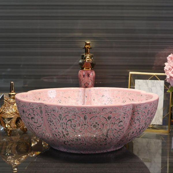 Jingdezhen porcelana rosa prateado aladdin arte pia de banheiro cerâmica