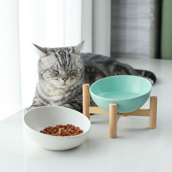 Cerâmica não deslizante Puppy Cat Dog Pet Food Bowl para comer e beber com moldura de madeira Pets Supplies Feeding Dish Pet Products