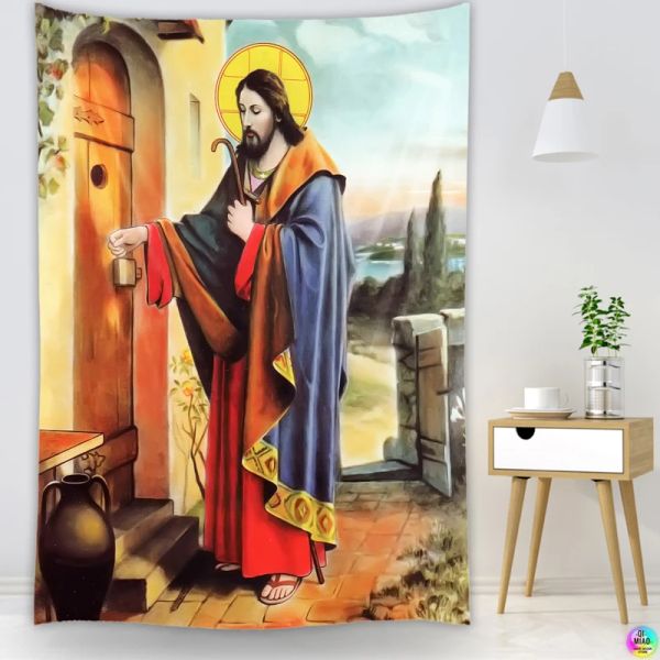 Jesus Christus klopft die Tür Wandteppich Weihnachts Wanddekor Christin Christliche Gläubige Wise Männer Wand hängende Osterhäuserdekoration