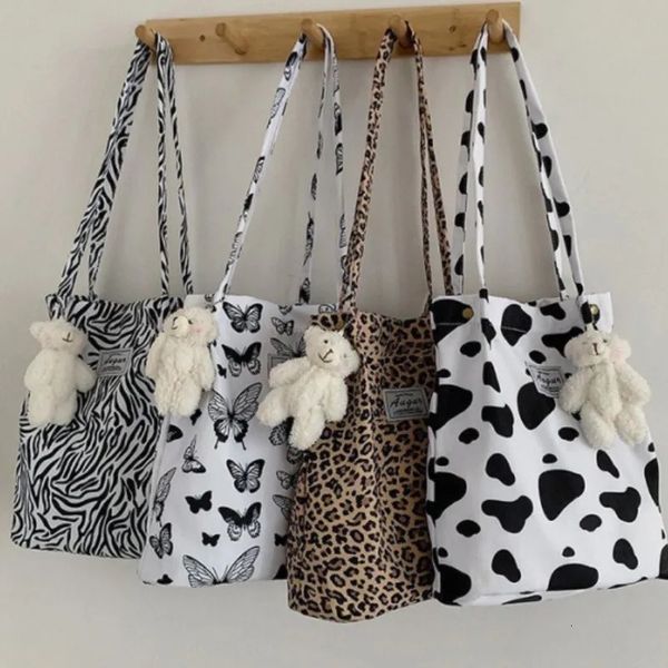 Korean Chic Big Casual Tasche Leopard Schulter Ladies Canvas Einkaufswissenschaftsdruck Handtasche Bolsa Mujer 240401