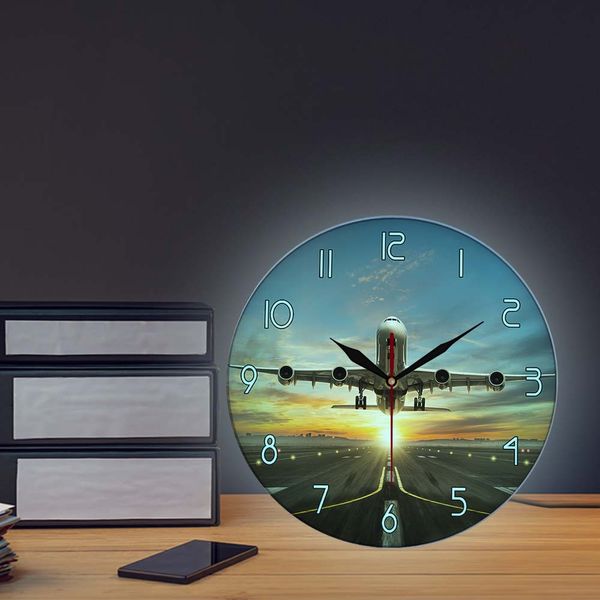 Riesige zwei Stockwerke kommerzielle Jetliner Walluhr kommerzielles Flugzeug Einnahme von Landebahn in dramatischer Sonnenuntergang Light Modern Home Decor