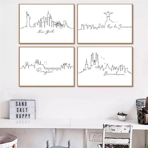 Poster de desenho de linha em preto e branco, impressão nórdica de arte, pintura de lona, imagem de arte minimalista, decoração de casa, cidade de Londres, novo yor