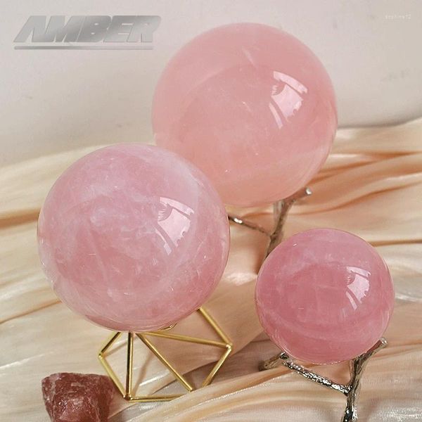 Estatuetas decorativas rosa natural quartzo cura de cristal bola de pedra preciosa para reiki balanceamento de energia de energia e escritório