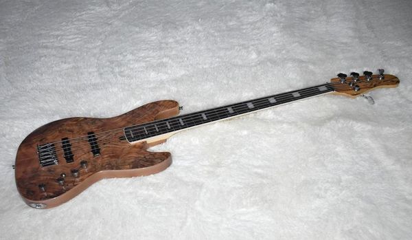 Factory Brown 5 Strings Bass Ecret Bass Guitar com mapa de grãos verdes de encadernação de ligação de pescoço de pescoço embutido