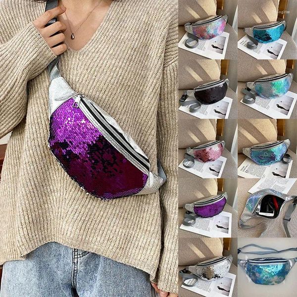 Aufbewahrungstaschen Mode -Pailletten Bling Fanny Pack Pum Bum Bag Festival Geld Reißverschluss up Taillenbeutel Reise -Leinwand Urlaubsgürtel für Frauen