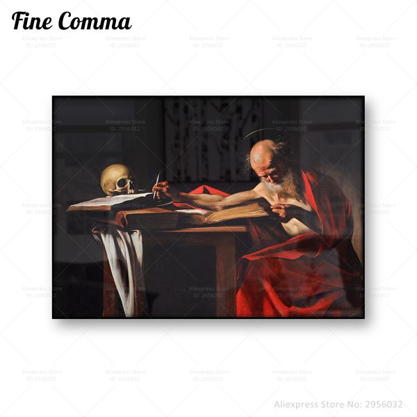 Saint Jerome Writing Caravaggio Vintage Poster Skull Assicatore di olio antico Repro copia Copia Arte Wall Canvas Regalo per la casa