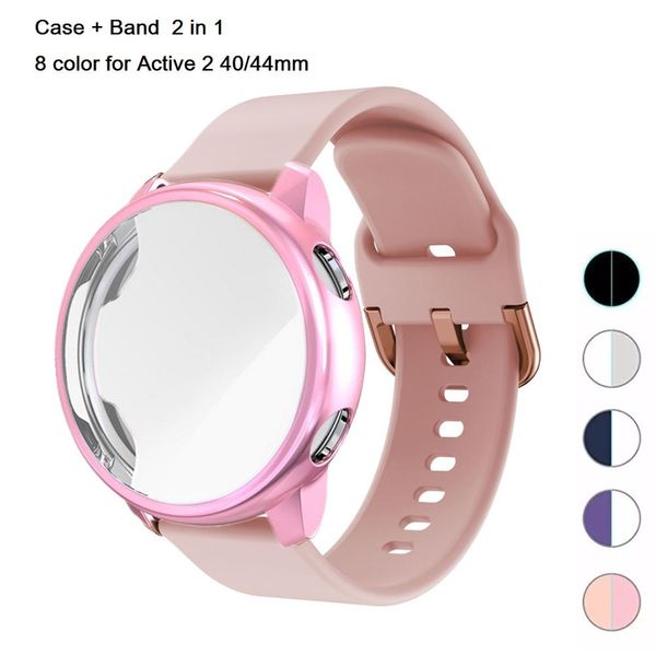 2in1 stap+estojo para samsung galaxy watch ativo 2 44 mm 40mm capa completa Silicone Smart Watchband Bracelet TPU Combinação