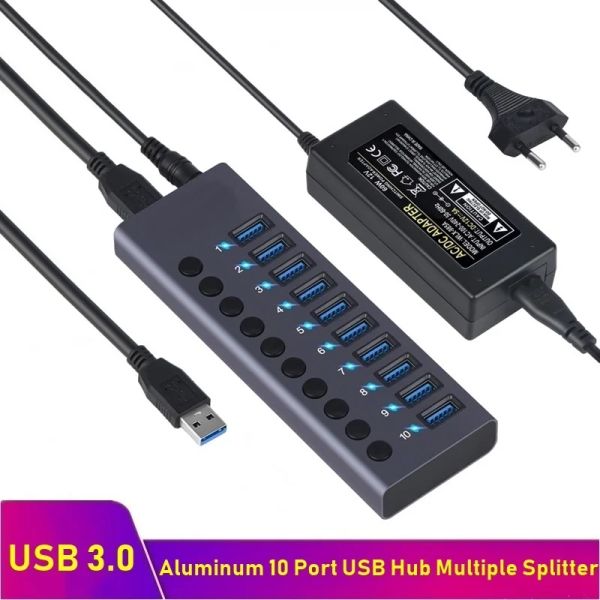 Hubs alumínio USB 3.0 USB Hub 10 Portas Laptop Múltiplo USB Splitter Extender com adaptador de energia 12V 5A para MacBook Pro computador PC