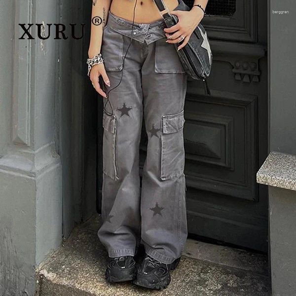 Frauen Jeans Xuru - Europäische und American Street Retro Low Rise for Women Star Print Large Pocket Straight Casual Hosen K1-782