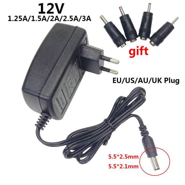 Переключение 12 вольт переменного тока/адаптер постоянного тока 12V 2A 1,5A 3A 2,5A Сводка питания 1.25A Адаптер Адаптер UK AU AU EU EU Плачки 5,5*2,5 мм разъем