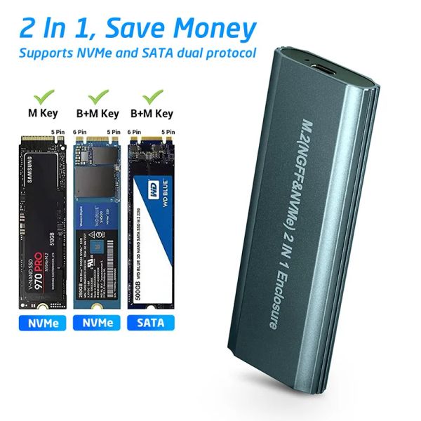 Корпус M.2 NVME NGFF SSD Adapter Adapter Free Free Aluminum USB C 3.1 Gen 2 10 Гбит/с NVME, 6 Гбит/с SATA для SSD 2230/2242/2260/2280