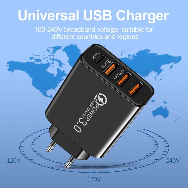 3USB+PD QC3.0 Fast Ladegerät 20W Typ-C 3 USB-Schnittstelle 5V/3,5A 9V/2A 12V/1,5A Unterstützung für Huawei SCP FCP BI-Protocol Quick Ladung