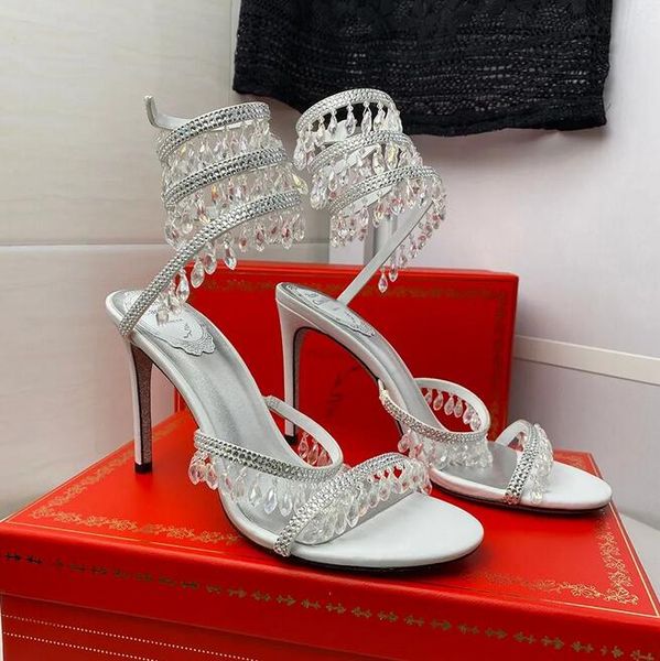 Sandálias de designer de René Caovilla e saltos altos cristalos embelezados com camurça estilettos de salto alto feminino de luxo de luxo tornozelo tornozelo vestido de festa de festa da festa da festa.