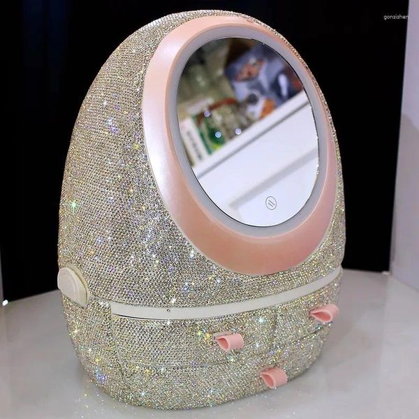 Sacos de armazenamento 35 cm Big Lady Lady's Make Up Container com espelho LED 3 Camadas Capacidade Caixa de strass sparkle artesanal